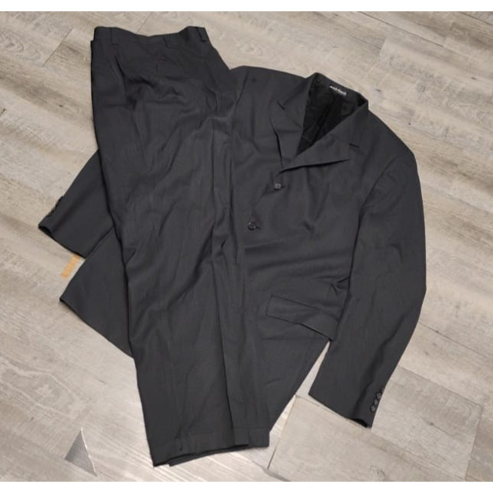 Perry Ellis super 100 Suit Mens 42L Black Pinstriped Classic Fit Wool 36X32